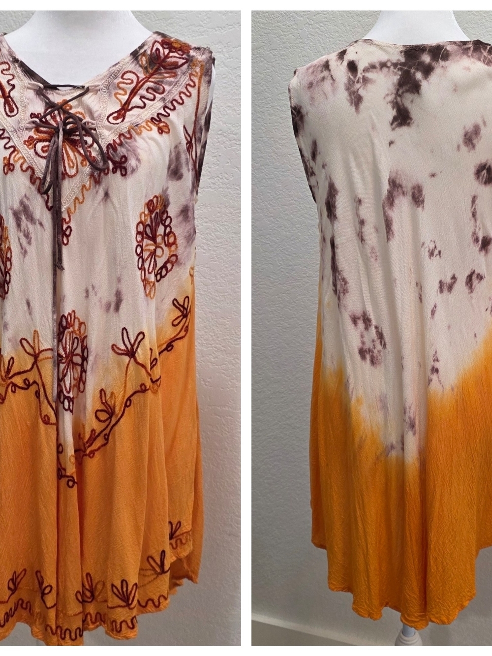 Sunflower Sleeveless Embroidered Tie-Dye Tunic in Orange and Cream